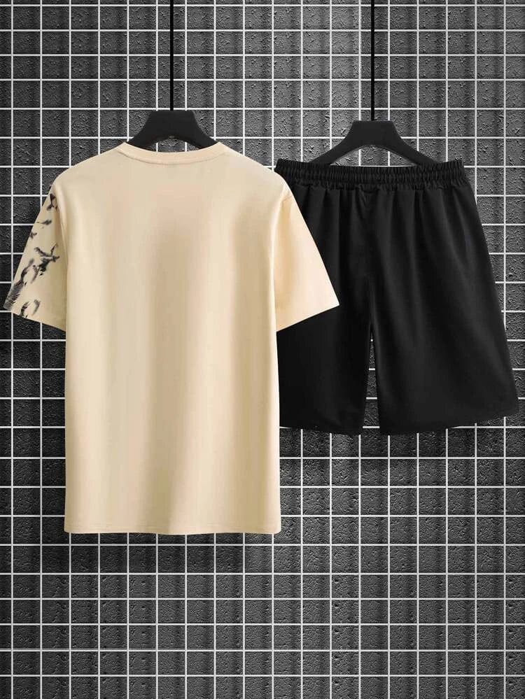 Mens Shorts And T-Shirt Summer Cotton Set Tiger Print - White Black