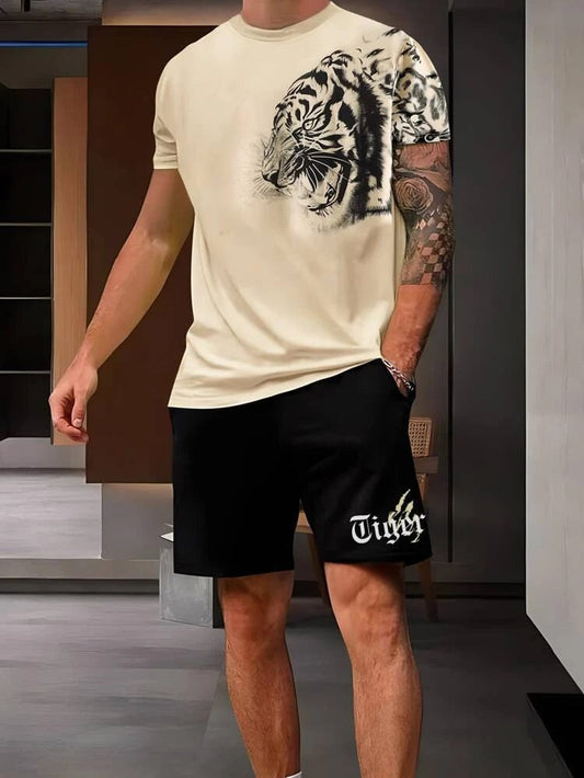 Mens Shorts And T-Shirt Summer Cotton Set Tiger Print - White Black