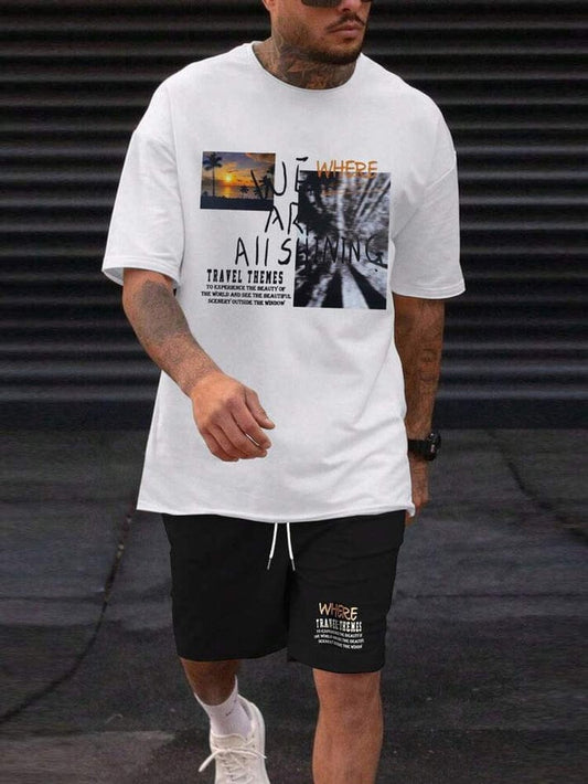Mens Shorts And T-Shirt Summer Cotton Set - White Black