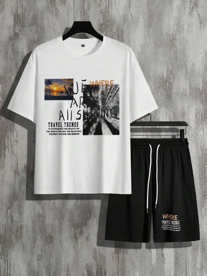 Mens Shorts And T-Shirt Summer Cotton Set - White Black